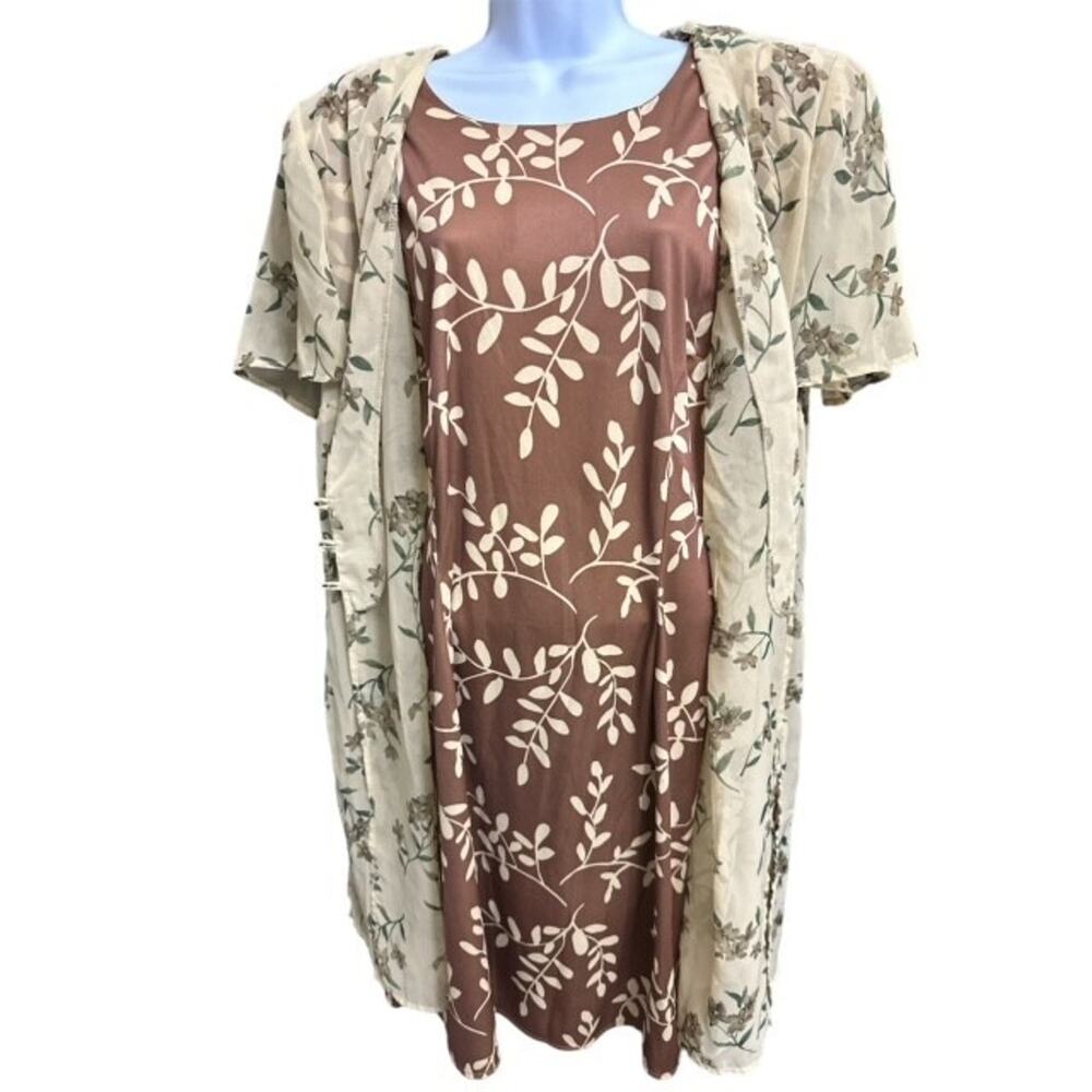 Olivia Rose 16W Dress Fancy Attached Sheer Jacket Brown Beige Fab Floral Vintage - Picture 2 of 3
